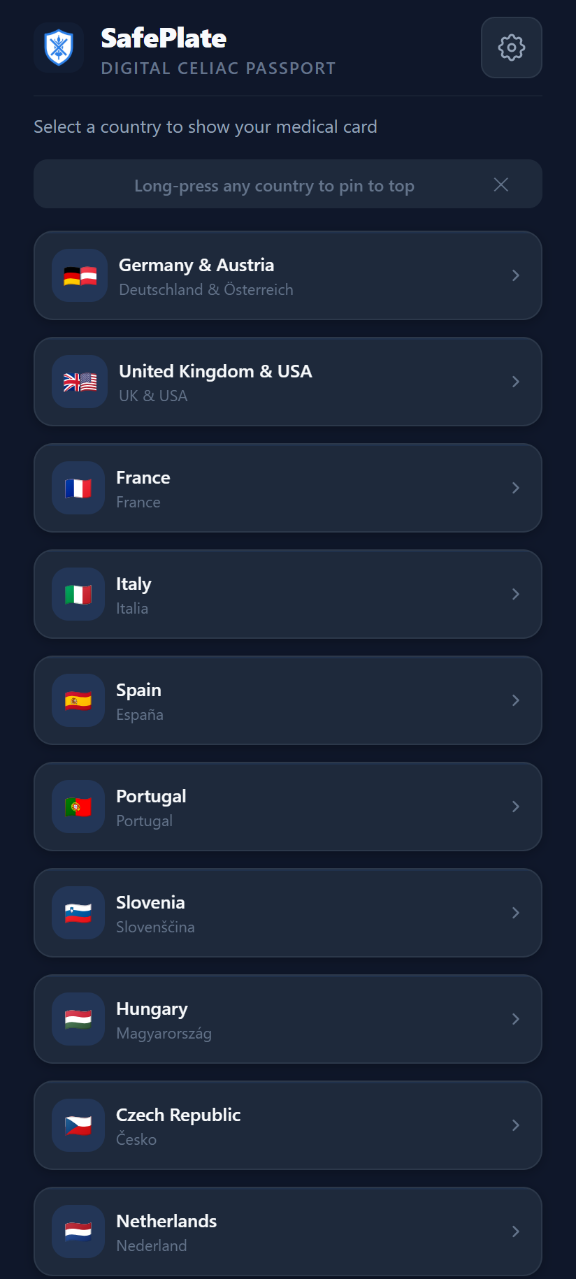 Country selector screen showing a list of 26 countries
