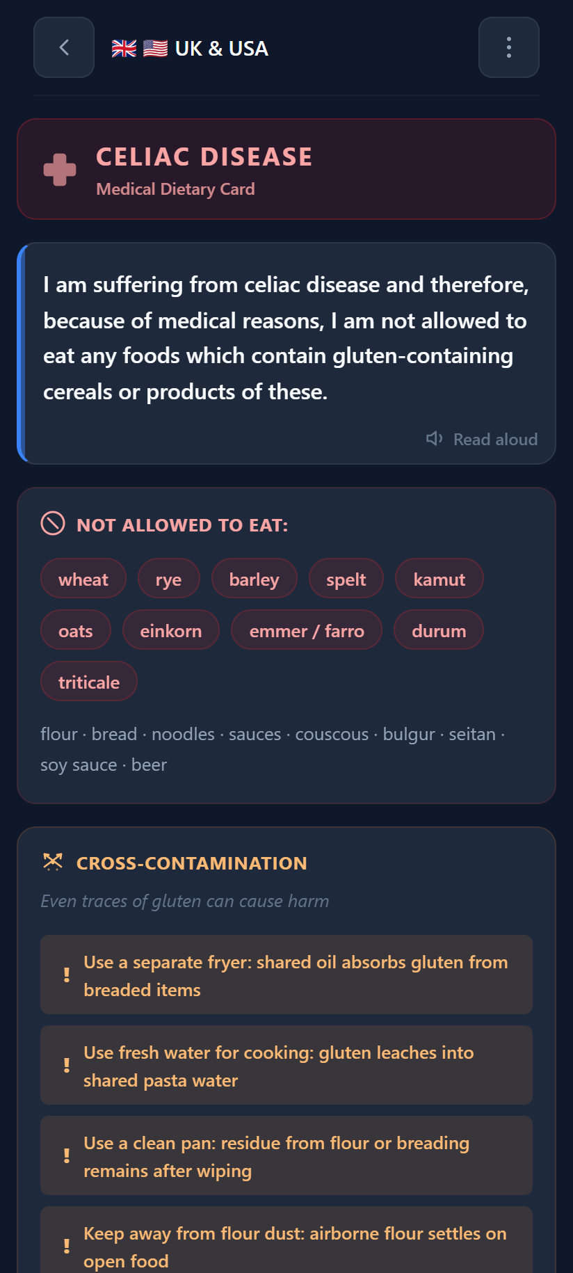 Medical dietary card in English for UK and USA