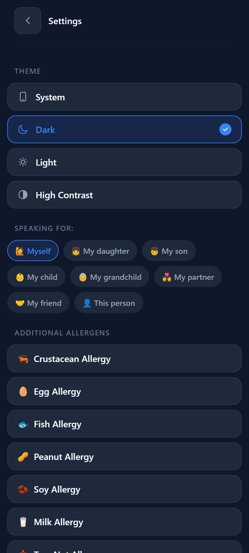 Settings screen with theme and language selection